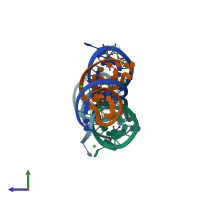 PDB entry 3bnq coloured by chain, side view.