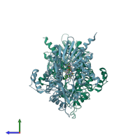 PDB entry 3bnu coloured by chain, side view.