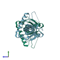 PDB entry 3bnw coloured by chain, side view.