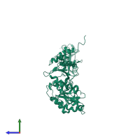 PDB entry 3boa coloured by chain, side view.