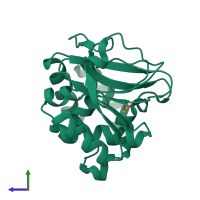 PDB entry 3boe coloured by chain, side view.