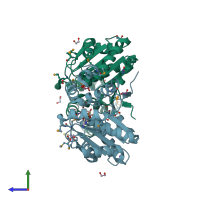 PDB entry 3bos coloured by chain, side view.