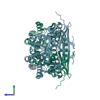 PDB entry 3box coloured by chain, side view.