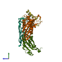 PDB entry 3boy coloured by chain, side view.