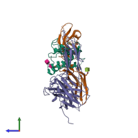 PDB entry 3bpo coloured by chain, side view.