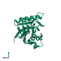 PDB entry 3bqe coloured by chain, side view.