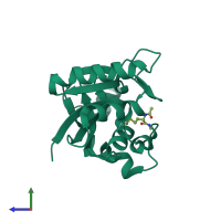 PDB entry 3bqf coloured by chain, side view.
