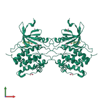 Homo dimeric assembly 1 of PDB entry 3bqr coloured by chemically distinct molecules, front view.