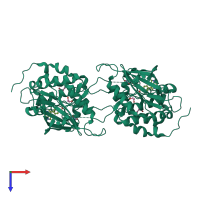 Homo dimeric assembly 1 of PDB entry 3bqr coloured by chemically distinct molecules, top view.