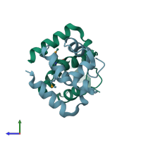 PDB entry 3bqt coloured by chain, side view.