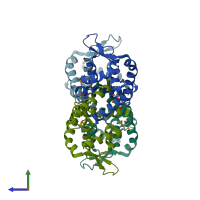 PDB entry 3bro coloured by chain, side view.