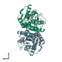 PDB entry 3brq coloured by chain, side view.