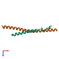 Hetero dimeric assembly 5 of PDB entry 3brv coloured by chemically distinct molecules, top view.