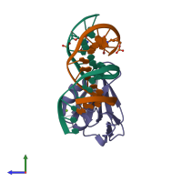 PDB entry 3bs1 coloured by chain, side view.