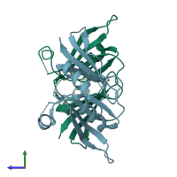 PDB entry 3bt3 coloured by chain, side view.