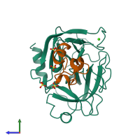 PDB entry 3btg coloured by chain, side view.