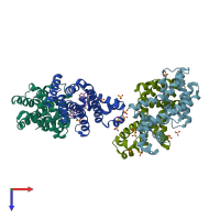 PDB entry 3btj coloured by chain, top view.