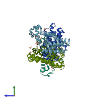 PDB entry 3btl coloured by chain, side view.