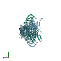 PDB entry 3btv coloured by chain, side view.