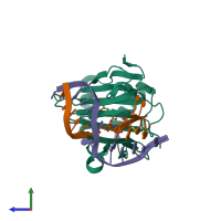 PDB entry 3bu0 coloured by chain, side view.