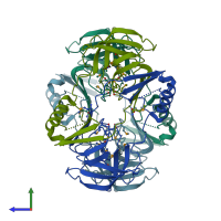 PDB entry 3bu2 coloured by chain, side view.