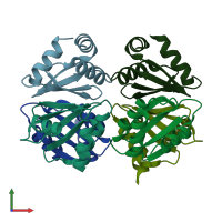 PDB entry 3bue coloured by chain, front view.