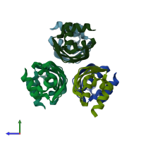 PDB entry 3bue coloured by chain, side view.