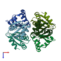 PDB entry 3bue coloured by chain, top view.