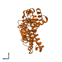 Monomeric assembly 2 of PDB entry 3bun coloured by chemically distinct molecules, side view.
