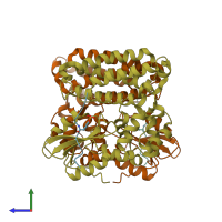 PDB entry 3buo coloured by chain, side view.