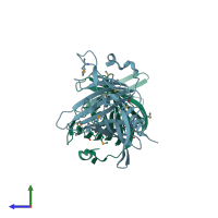 PDB entry 3buu coloured by chain, side view.