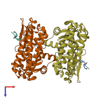 PDB entry 3bux coloured by chain, top view.