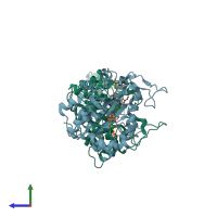 PDB entry 3bv7 coloured by chain, side view.