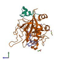 PDB entry 3bv9 coloured by chain, side view.