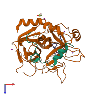 PDB entry 3bv9 coloured by chain, top view.
