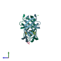 PDB entry 3bvb coloured by chain, side view.