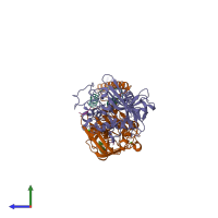 Hetero pentameric assembly 2 of PDB entry 3bvh coloured by chemically distinct molecules, side view.