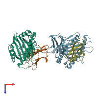 PDB entry 3bvn coloured by chain, top view.