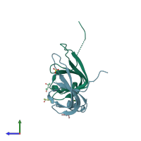 PDB entry 3bw1 coloured by chain, side view.