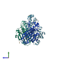PDB entry 3bwg coloured by chain, side view.