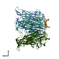 PDB entry 3bwr coloured by chain, side view.