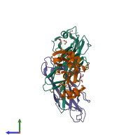 PDB entry 3bwu coloured by chain, side view.
