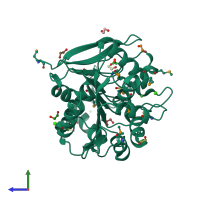 PDB entry 3bwx coloured by chain, side view.