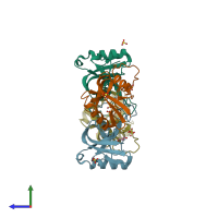 PDB entry 3bx4 coloured by chain, side view.