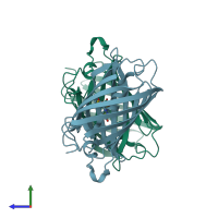 PDB entry 3bxa coloured by chain, side view.