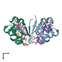 PDB entry 3bxu coloured by chain, top view.