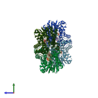 PDB entry 3bxx coloured by chain, side view.