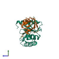 PDB entry 3by4 coloured by chain, side view.