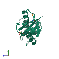 PDB entry 3by5 coloured by chain, side view.