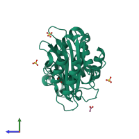 PDB entry 3byd coloured by chain, side view.